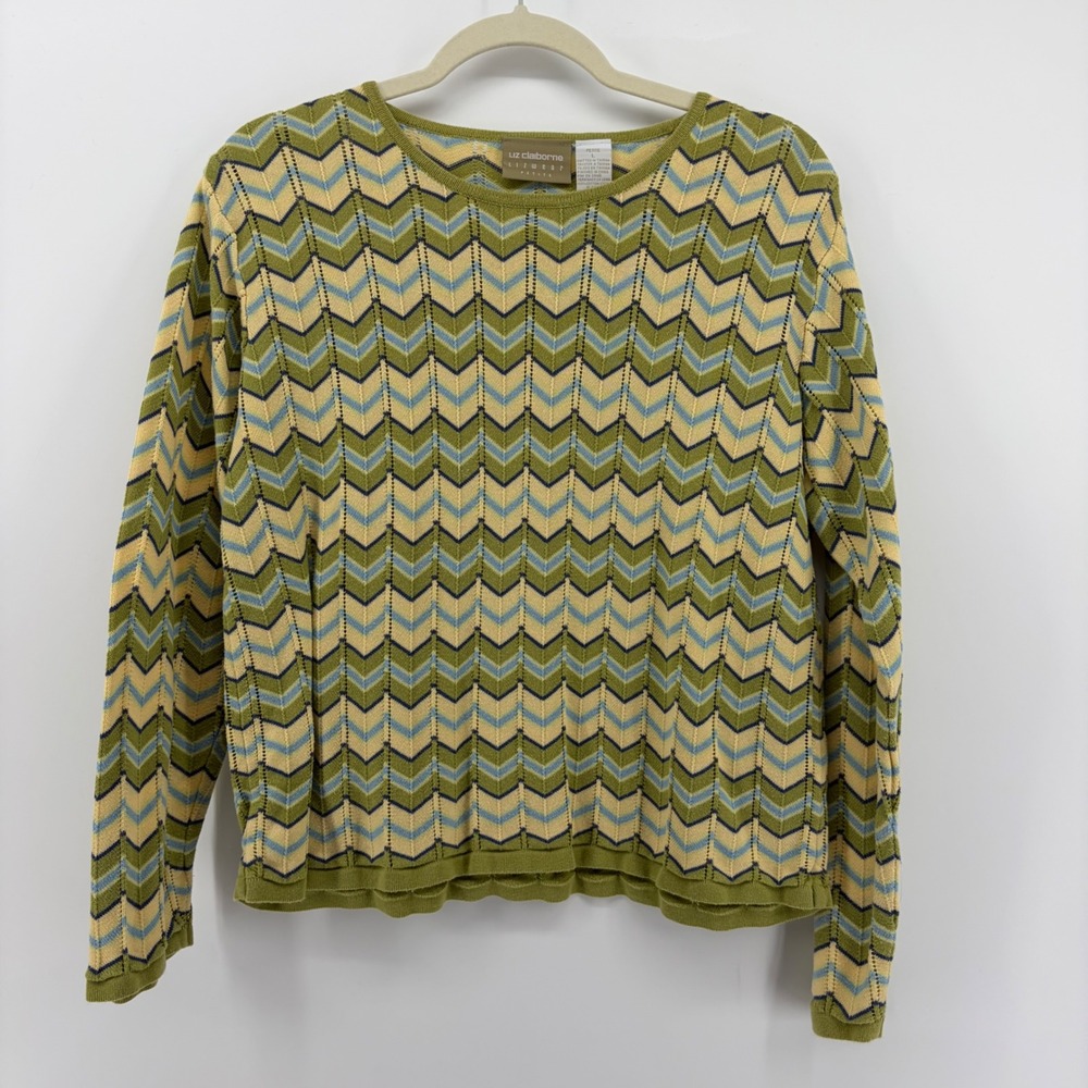 Liz Claiborne Petite Pullover Sweater Green Yellow Chevron Pattern Knit Top L